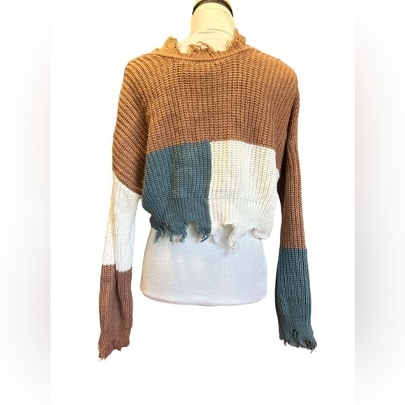 Rue 21 Cropped Color Block Sweater Frayed Edges Size Large Teal Brown Cream - Picture 2 of 4